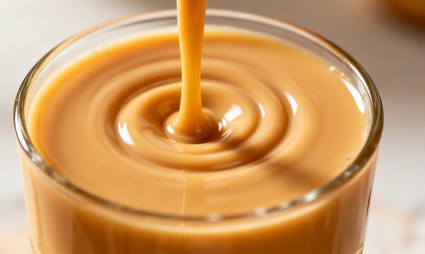 Close-up of thick, smooth caramel sauce being poured into a clear glass, creating ripples