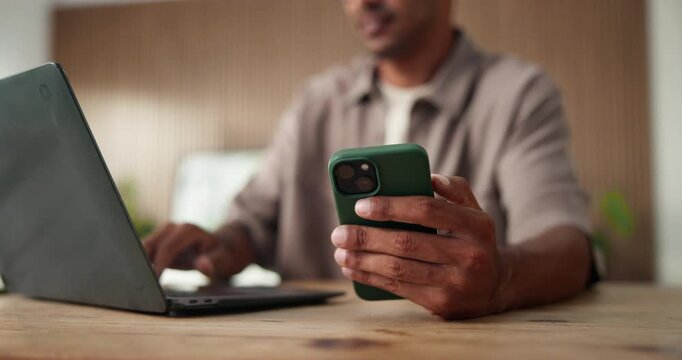 Business person, hands and phone with laptop for research, journalism or company information. Reporter, copywriter or creative employee with computer for online article or career blog at workplace