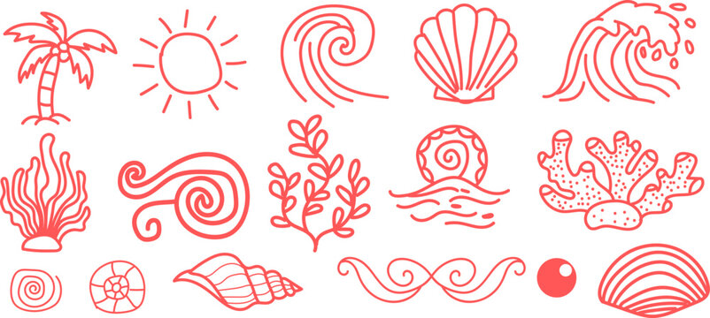 Hand drawn doodle beach For summer tropical ocean set with palm tree, sun, waves, seashell, coral, seaweed and spiral shell elements perfect for summer designs, t-shirts, posters, and placard prints.