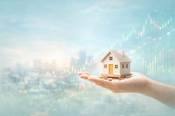 Hand holding small white house on cityscape background with stock market graphs and blue sky with clouds  real estate concept JPG image