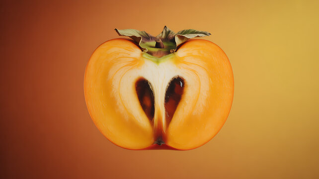 Cross-section of a persimmon fruit showing its inner structure and seeds against a warm gradient background