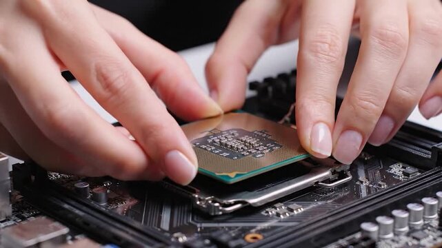 Hands installing a central processing unit onto a computer motherboard.