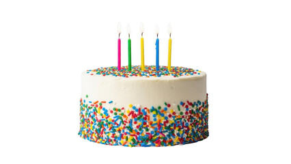 White birthday cake with colorful sprinkles and candles isolated on transparent background