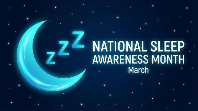 National sleep awareness month March a blue crescent moon with zzz symbols representing sleep and rest on a starry night background illustration
