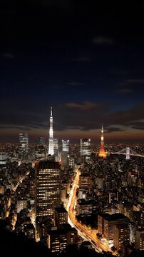 Vibrant city skyline illuminated at dusk with tall communication towers