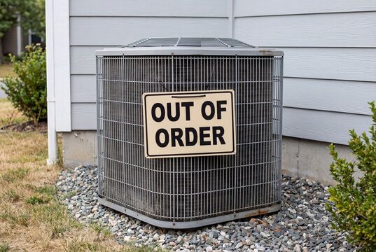 Broken residential air conditioner with Out of Order sign