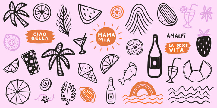 Hand drawn style illustration featuring italian summer themed doodles and lettering