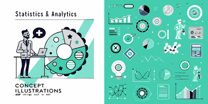 Statistics and analytics concept illustration with charts graphs and a businessman