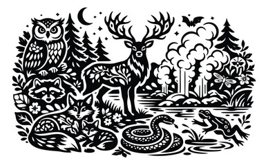 Fototapeta premium Decorative silhouette illustration of forest animals depicting wildlife in a natural ecosystem for environmental concepts