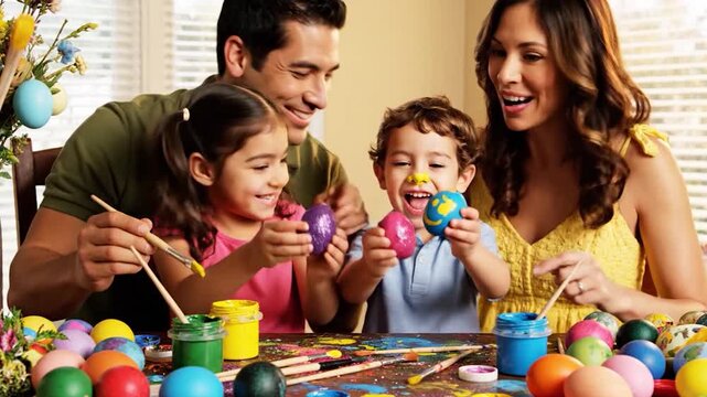 Happy family decorating colorful Easter eggs together at home