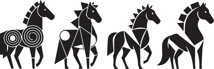Obraz premium Black geometric horse silhouettes in various poses horses white