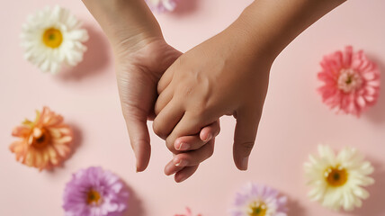 Fototapeta premium Two hands holding each other against a pink background with colorful flowers