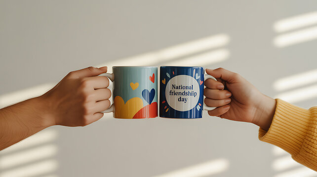 Two hands holding mugs with National Friendship Day design, clinking in celebration