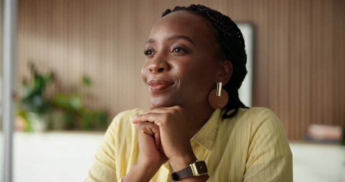 Thinking, business and black woman with smile in office for reflection, real estate and property plan. Realtor, vision or ideas for building design, resale opportunity and listing solution of auction