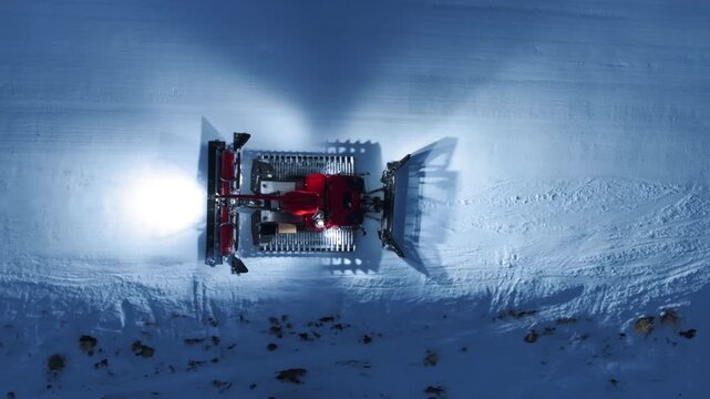 Top down drone view of snow groomer leveling fresh snow on ski slope. Tracked grooming machine creates smooth surface at winter mountain resort.