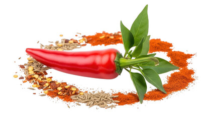 Red chili pepper with leaves and spices isolated on transparent background