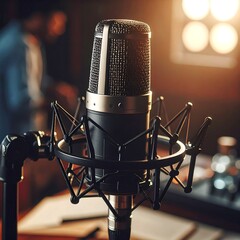 A professional microphone on a stand in a recording studio