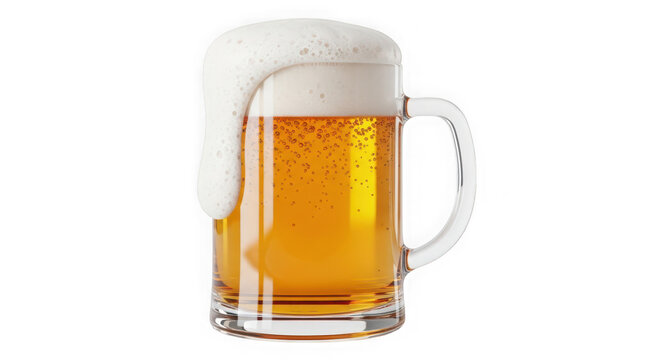 A glass mug of beer with foam on transparent background isolated