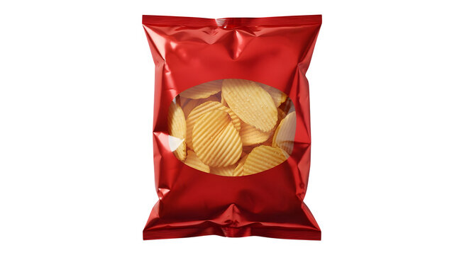 Delicious potato chips in a red snack packaging bag