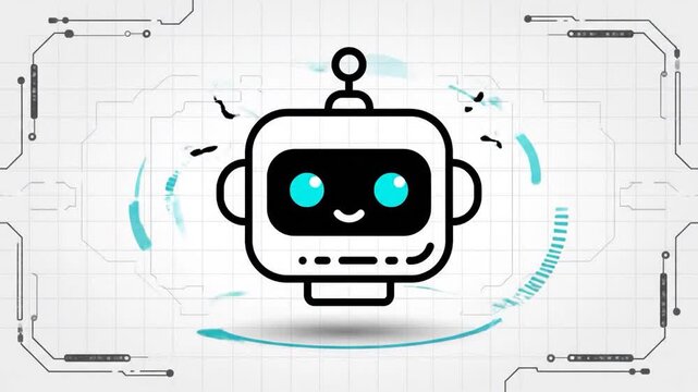 Simple line art icon of a robot head with gears and code symbols