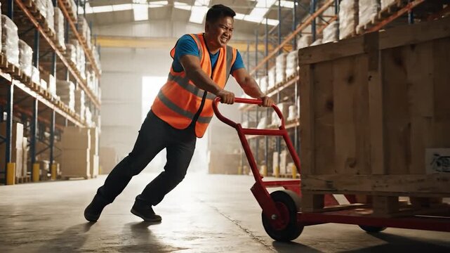 Warehouse worker straining to push a heavy wooden crate on a dolly.