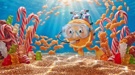 Cheerful Scuba Diving Orange Slice Surrounded By Candy Cane Coral And Gummy Reef In Underwater Sweet Ocean Adventure Concept