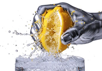 Chrome Metallic Hand Squeezing Fresh Yellow Lemon With Explosive Citrus Splash Into Sparkling Water Glass For Refreshing Beverage And Detox Concept