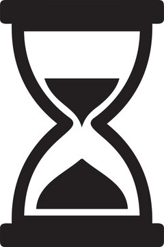 Hourglass vector icon representing time passing, sand flowing from the upper bulb to the lower bulb, symbolizing waiting, deadlines, or the measurement of duration. Created in a solid black