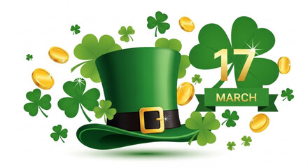 St patrick's day celebration with green hat shamrocks and gold coins on white background march 17th festive illustration