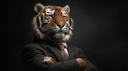 Obraz premium Tiger in suit with arms crossed looking confident