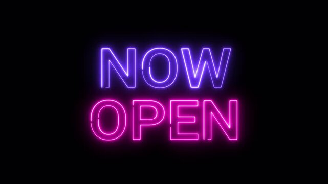 Neon Open now text icon sign animation on transparent background, neon colorful glowing open now icon sign animated.