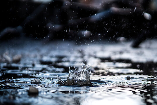 Raindrop splashing in puddle