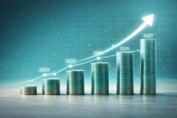 Increasing stacks of coins with a rising arrow and yearly labels on a blue background with a grid pattern JPG image