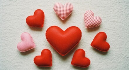 Fototapeta premium Array of colorful stuffed hearts arranged on a textured white surface, creating a visual display