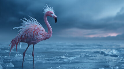 Fototapeta premium Surreal Pink Flamingo with Ice Crystal Crown Standing on Frozen Arctic Sea at Blue Hour