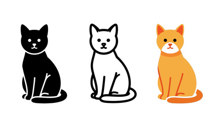 Fototapeta premium Collection of simple sitting cat icons presented in three distinct modern graphic styles including silhouette outline and flat color vector illustrations