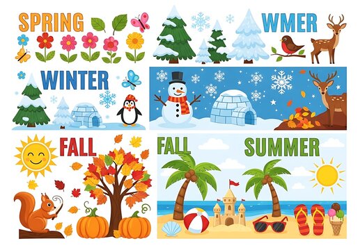 Educational cartoon layout representing the four seasons with iconic characters and bright environmental settings for young learners