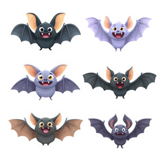 Fototapeta premium Collection of six cute cartoon bats with large ears and wings flying in different poses isolated on transparent background