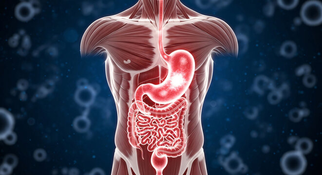 Detailed 3D render of human torso showing muscle structure and highlighted digestive system internal organs