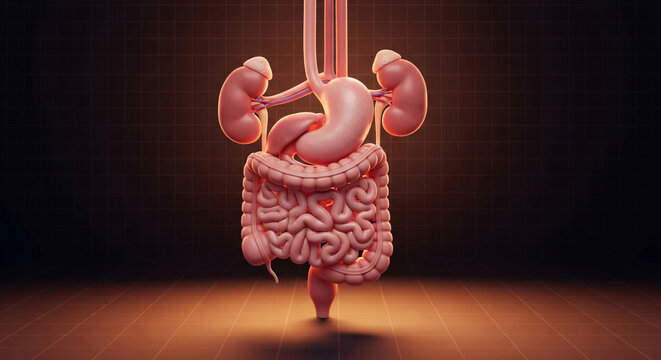 Detailed 3D render of the human digestive system and kidneys highlighting internal anatomy for medical study