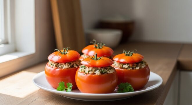 Four stuffed tomatoes on a white plate, set on a wooden surface near a window