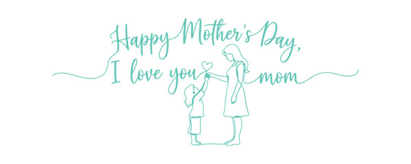 Naklejka premium Happy Mother's Day! I love you, Mom! This is all in handwritten calligraphy. The design features a child's drawing of a colorful heart, giving love to Mom on a white background banner.