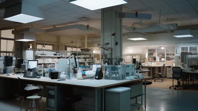 Laboratory workspace with multiple desks, computers and precision instruments, a clean, organized research environment for scientific experiments, testing and technological development