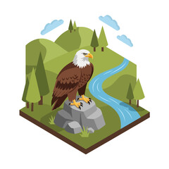 Isometric illustration of bald eagle perched on rocky outcrop near river.