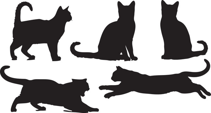 Five black cat silhouettes in various poses including standing, sitting, and running, depicted as a vector graphic isolated on a white background.
