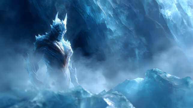 Ice demon king standing in frozen hellscape with glowing blue energy