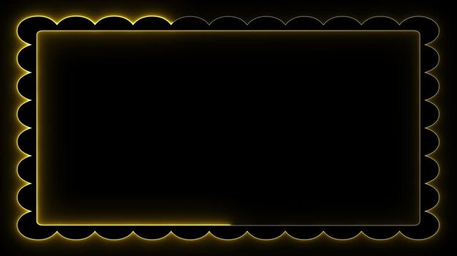 Golden neon frame. Scalloped border. Glowing rectangle. Luxury border art. Neon light effect. Black background. Digital frame png. Elegant border. Gold light glow. Decorative neon. Animation.