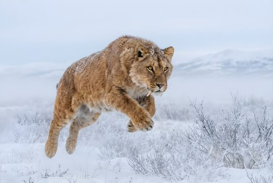 Sabertooth Tiger Smilodon Mid-Leap Action Portrait With Muscular Definition, Snow-Dusted Amber Fur, Predatory Focus