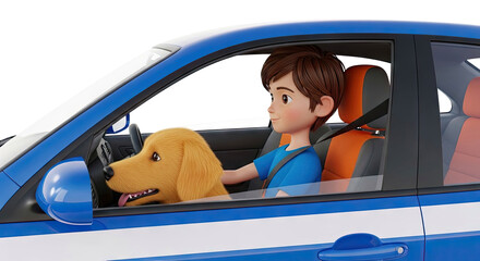 Naklejka premium Boy and dog in a blue car