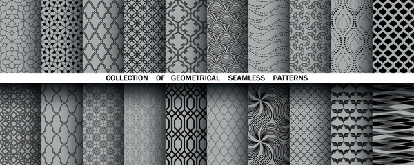 Geometric set of seamless black and gray patterns. Simple vector graphics